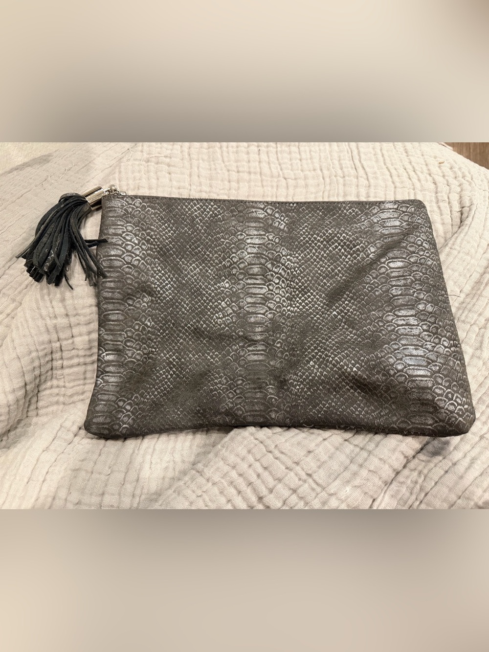 Cato Metallic Gray Snake-Embossed Clutch